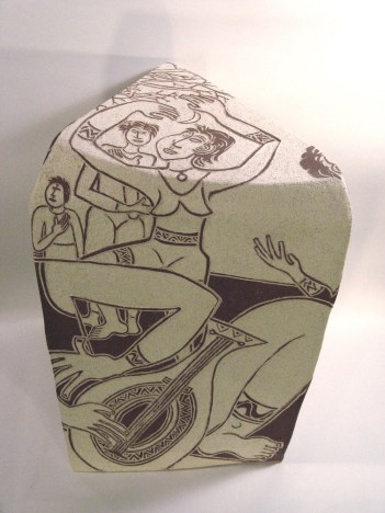 "Music," slab built and carved using scrafitto ceramic sculpture by Bea Garth , copyright 2007