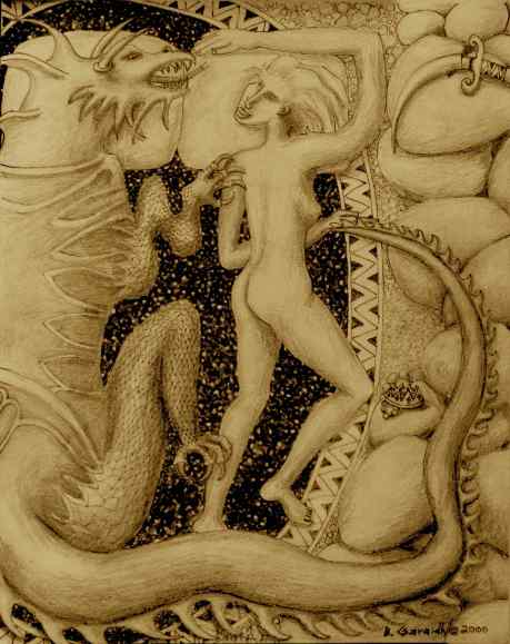 Dragon's Lair pencil and inkx sepia by Bea Garth copy