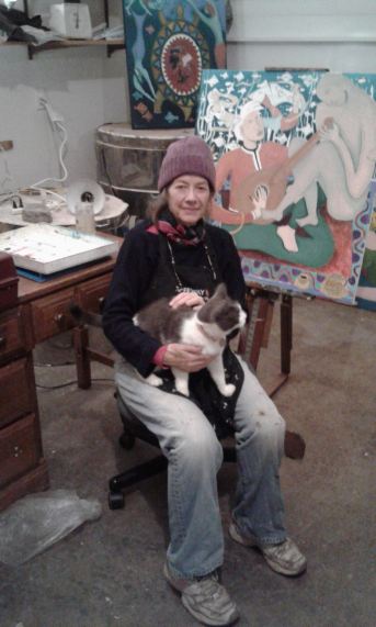 "Bea in newly created art studio with her cat" photo by Graeme Jones, copyright 2016