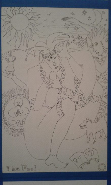 "The Fool" pen and ink by Bea Garth, work in progress for the tarot card, copyright 2016