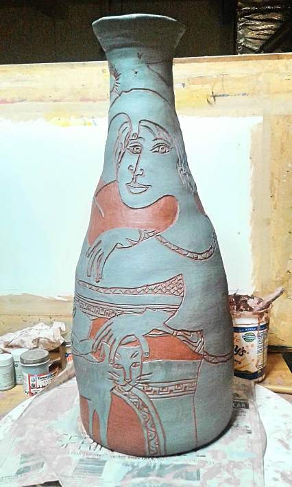 "Petting The Cat" vase in progress by Bea Garth, copyright 2017