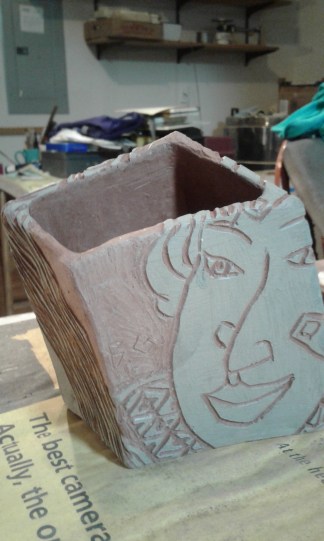 "TestVase," white engobe on red low fire clay, by Bea Garth, copyright 2017