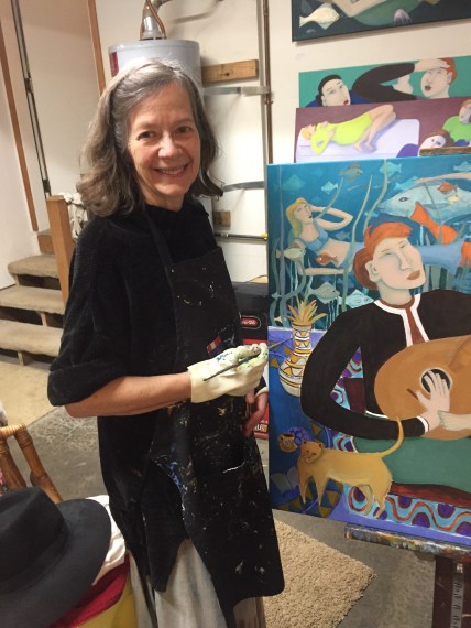 Bea Garth painting "The Music Genie" in her art studio getting ready for exhibit; photo by Chris Arcus, copyright 2018