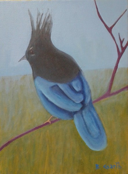 "Stellar Jay in Mist" acrylic on canvas by Bea Garth, copyright 2018